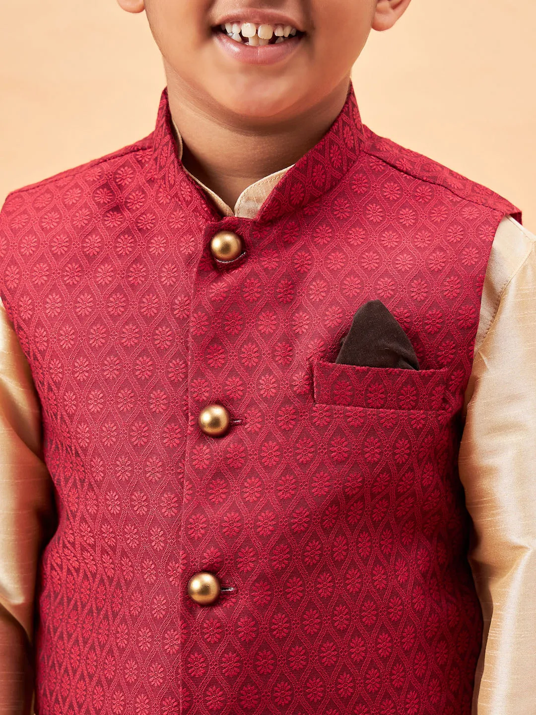 VASTRAMAY Boy's Maroon Woven Jacket With Gold Kurta and Pyjama Set