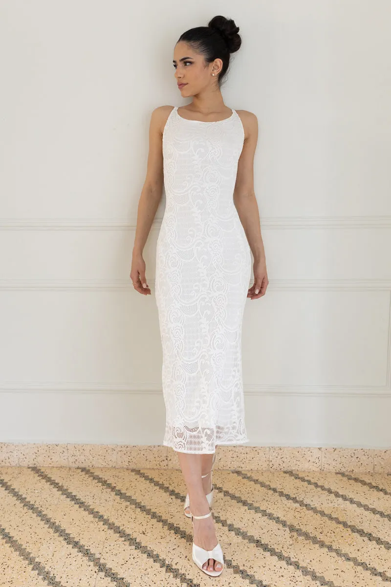 White Lace Low Back Midi Fishtail Dress