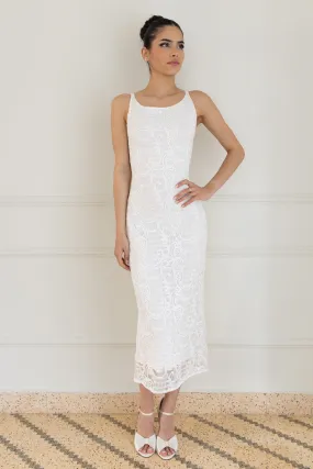 White Lace Low Back Midi Fishtail Dress