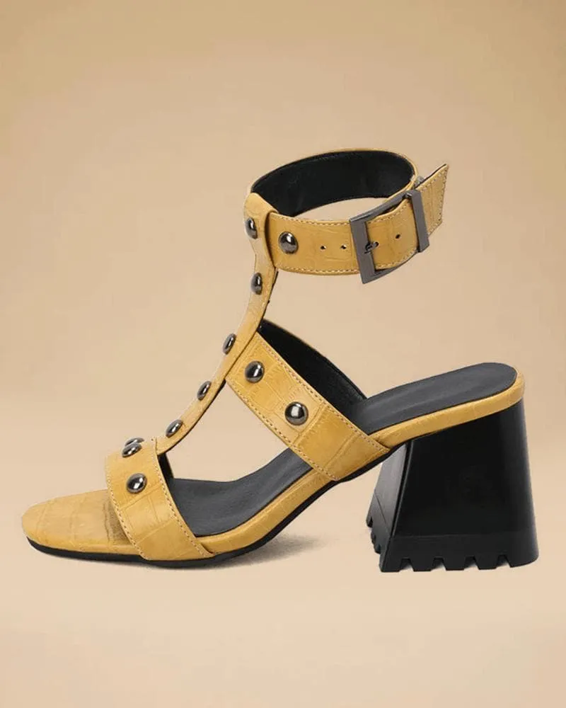 Women's Elegant Rivet Adjusting Buckle Block Heel Sandals