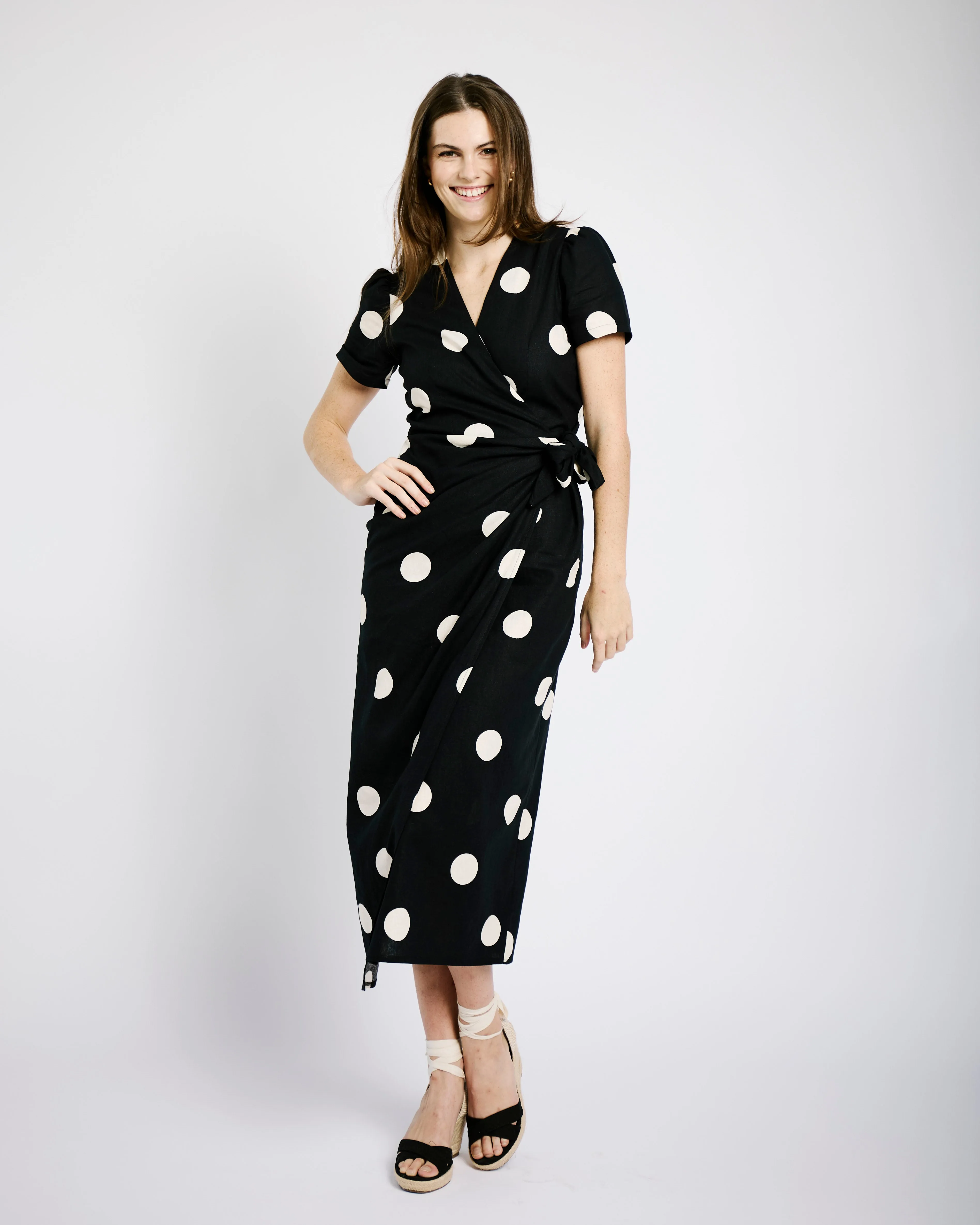 Wrap Dress in Black and Cream Spot